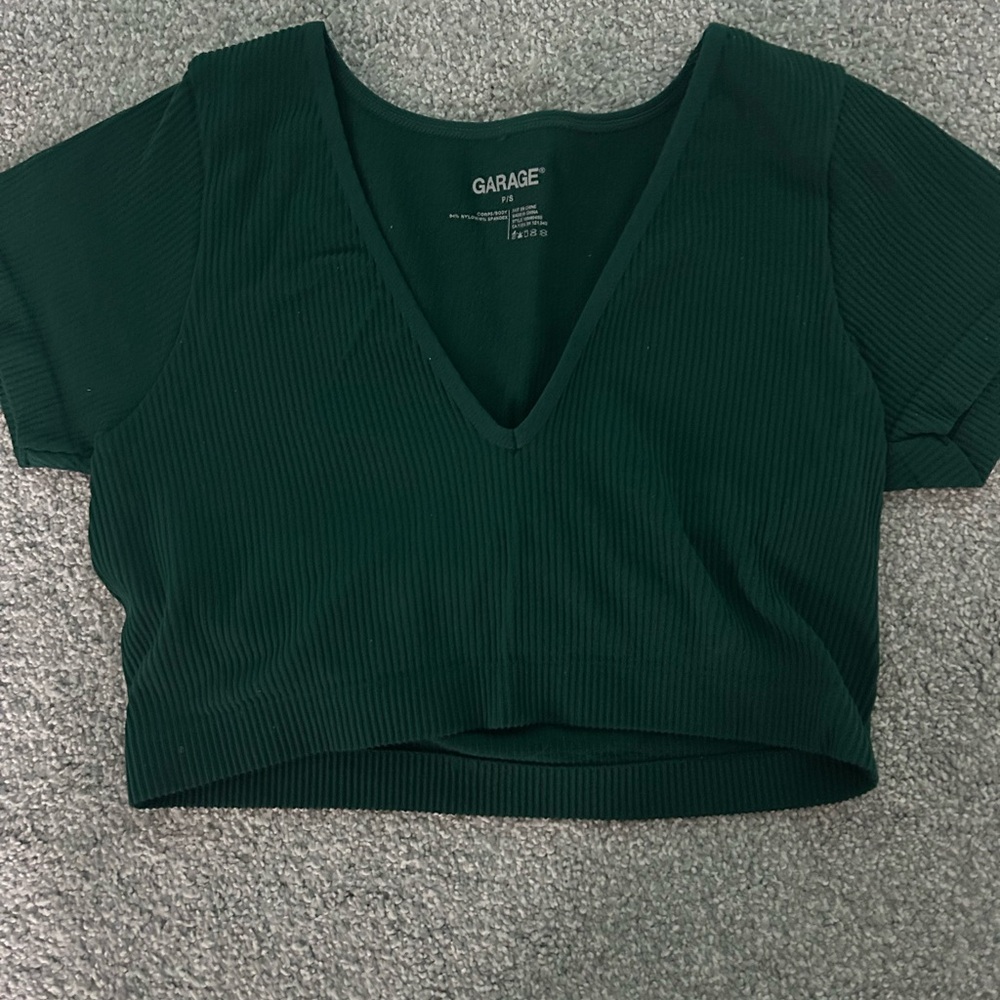 Garage Women's Green Ribbed V-Neck Crop Top